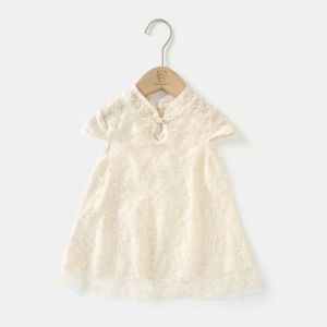 Girls Cheongsam Dress Summer Chinese Style 2024 New Childrens Pure Color Lace Embroidery Tulle Skirt Baby Dress Heart Collar Long Skirt