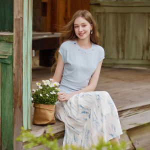 XIANGYING | Blue Floral French Style High Waist A-Line Skirt