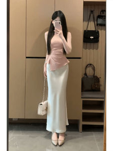 XUECAIQI | Trendy Plus Size French Style Suit Irregular Tank Top High Waist Slim Fit Midi Skirt