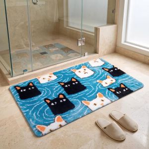 VIKAMA Hoạt Hình Mèo Sóng Nước Lông Tơ Mềm Hình Chữ Nhật Thảm Tắm Chống Trơn Trượt Thấm Hút Thảm Trải Sàn Phòng Tắm Trang Trí Nhà Phong Cách Hiện Đại