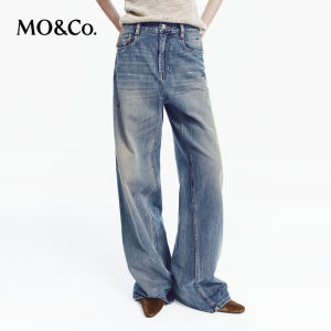 MO&Co. | Autumn Washed Indigo Cotton Dirt Splatter Mid Waist Wide Leg Jeans