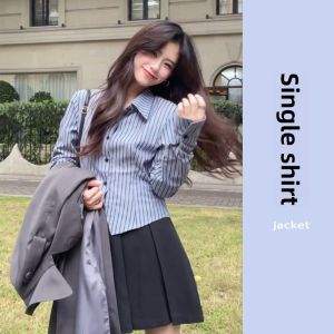 YUEZHONGWEI | Blue Striped Tie Blouse For Layering School Style Short Top