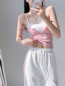 Pure Desire เผ็ดบล็อกสีเสื้อสั้นเล็ก衣สไตล์สตรีท ฤดูร้อน แฟชั่นสําหรับผู้หญิง