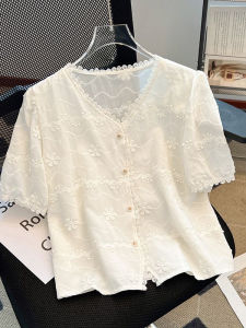 V-Neck Bubble Sleeve Short Sleeve Shirt Womens Summer New Design Self-Preservation Flower 3D Embellished Top Casual Commute Style