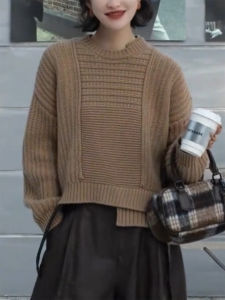 QINGNAER | Lantern Sleeve Retro Style Plus Size Brown Knitted Sweater