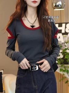 plus Size Womens Slim Fit Long Sleeve Cotton T-Shirt Autumn New Style Bottoming Shirt Cover Belly Creative Pattern Commute Style