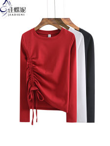 Spring New round Neck Slim Fit Long Sleeve Cotton Womens T-shirt Korean Style Base Layer Inner Wear Drawstring Side Detail
