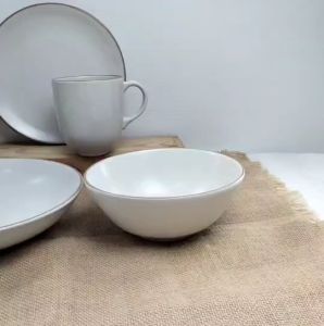 ถ้วยเซรามิค ชามมินิมอล จานหรู มี 4 ขนาด (6-10 นิ้ว) สีครีมเรียบขอบทอง ทนทาน เข้าไมโครเวฟได้