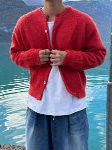 Ankela Red Thickened round Neck Knitted Sweater for Men Spring Autumn Cardigan Outerwear New Year Youth Casual Fashion