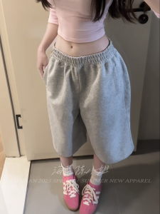 Áo Thun Cổ Cao Tay Ngắn Co Giãn Thường Ngày Màu Xám Bộ Đồ Hai Mảnh Cho Nữ Quần Thể Thao Năm Mảnh Cạp Cao Rộng Rãi