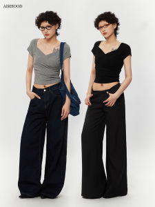 Airhood 2025 New Style Spicy Girl Summer Low Large V-neck Short Sleeve Short Length Belly Baring Slim Fit Top Womens T-shirt