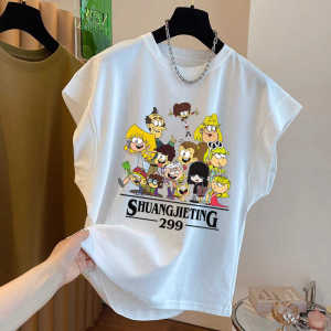 Pure Cotton Short Sleeve T-Shirt Womens Summer New Design Cartoon Anime Shoulder Fly Sleeve Casual Comfortable Korean Style