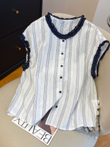 เสื้อเชิ้ตแขนกุดผ้าลินินคอตตอนฤดูร้อนสำหรับผู้หญิง ทรงหลวม สไตล์ลำลอง ลายทาง ไม่มีแขน ผ่าหน้า ปกเสื้อติดกระดุม