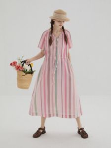 LBAORAW Matisse Stripe Linen Dress Summer Thin Loose Midi A-Line Skirt High Waist Short Sleeve Womens Commute Style Dress