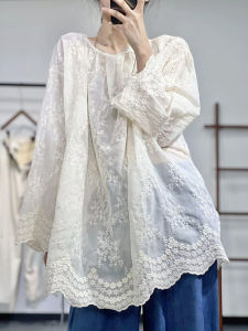 Ancient and Color Autumn Artsy Loose-Fitting Lightweight Thin Ramie Hook Embroidered Long Sleeves round Neck Pullover Mid Length Long Length Shirt Tops Women
