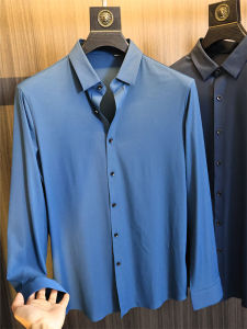 Seamless Pressed Series! Mens Pure Color Lightweight Casual Vertical Stripe Texture High Elastic Flip Collar Shirt