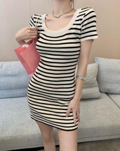 Missliu Fashion Womens Striped Short Sleeves Ice Silk Knitted Dress Apricot New Summer 2025 Casual Versatile Knitted Skirt