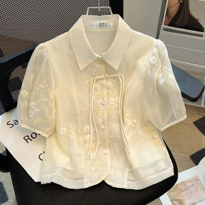 Brand Discount Summer New Chinese Style National Style Buckle Jacquard Shirt for Women Elegant Small Shirt Puff Sleeves Fancy Tops