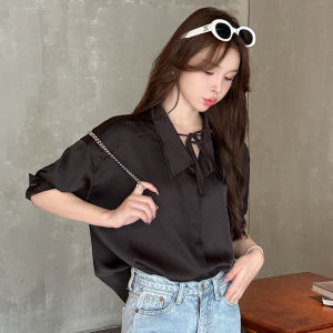 เสื้อเชิ้ตแขนสั้นผู้หญิงฤดูร้อน ทรงหลวม ดีไซน์ผูกเชือก ผ้าไหมน้ำแข็ง คอวี แขนยาว เสื้อเชิ้ตผู้หญิงสไตล์เกาหลี