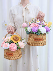 Handcrafted Bamboo Woven Desktop Decoration Gift Basket with Artificial Roses And Carnations for Mom And Friends