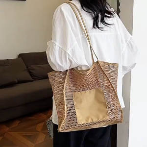 Women Hollowed Out Tote Bag Hand Bag Beach Bag Large Capacity Versatile Mesh Bag Shoulder Shopping Bag