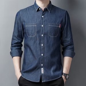 ROMON | Lormen Mens Denim Shirt Long Sleeve Casual Jacket Outerwear Autumn Fashion Urban Standard Fit Button Detail Washed Cotton 100%