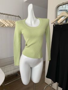 เสื้อชั้นในถักสีเขียวเนื้อนุ่ม ทรงเข้ารูป เสื้อชั้นในผู้หญิง ฤดูใบไม้ร่วง/ฤดูหนาว เสื้อชั้นในสั้นสีขาว แขนยาว ปกคอกลม