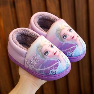 SHIPAILUO | Disney Elsa Princess Winter Childrens Cotton Slippers Warm Baby Toddler Shoes Cartoon Style Home Use Flat Heel TPR Bottom