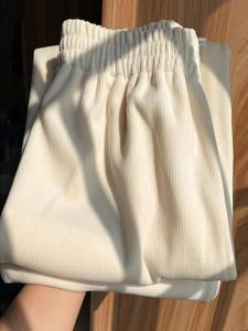 Quần Ống Rộng Nhung Kẻ Màu Be Cạp Cao Mùa Xuân Thu Quần Ống Rộng Rộng Rãi Thoải Mái Đa Năng Cho Nữ