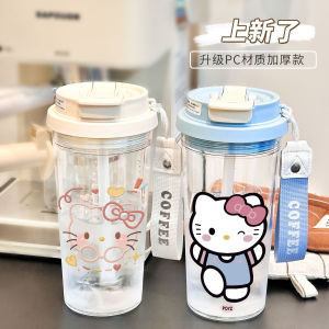 Kitty Cat Companion Plastic Water Bottle Student Handheld Portable Double Drink Mouth Mens Large Capacity Straw Water Pot High Aesthetic Value