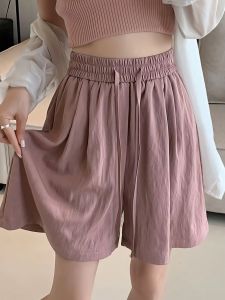 Quần Short Vải Lụa Băng Mỏng Mùa Hè Cho Nữ Cạp Cao Co Giãn Rộng Rãi Ống Đứng Xếp Ly Mát Mẻ Quần Ống Rộng Năm Điểm