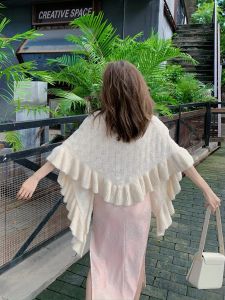 White Knitted Triangle Shawl Cowl Neck Outerwear Retro Chinese Style Coat for Women Spring Autumn Season Multi Functional Scarf