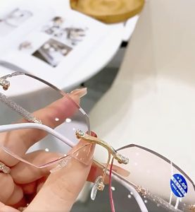 GS Pink Lens Summer Outdoor Anti UV Reading Glasses for Women Anti Radiation Metal Frameless Square Shiny Glasses Legs Fashion Vintage Made In Japan Eyeglasses Original Spectacles B306