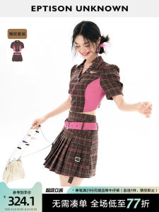 Eptison Fashionable Skirt Set Womens Summer New American Retro Short Sleeve Pleated Skirt Cute Two-Piece Set Polyester Fiber