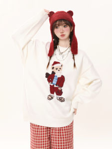 ENJOG Womens round Neck Knitted Sweater Christmas Design Loose Lazy Style Couples Autumn Winter Comfortable Fleece Pullover