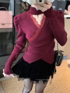 GUZILIAN | Pure Desire Hong Kong Style Red Necklace Knitted Sweater Womens Short V-neck Lace Trim Crossed Autumn Winter Base Shirt
