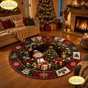 VIKAMA Christmas Round Rug Candy Cane Tunnel 3D Snowman Area Rug Living Room Holiday Home Decor Aesthetic Art Large Premium Cute
