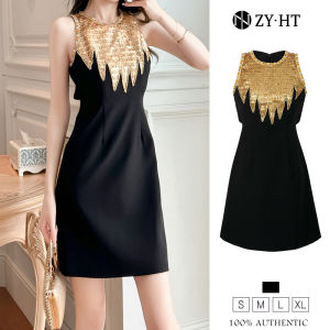 ZYHT（ล้างสต๊อก ใช้คูปอง299บาทขึ้นไป）เดรสผู้หญิง เดรสสีดำ เดรสทรงเอ เดรสแขนกุด ผ้าเลื่อม เดรสทำงาน เดรสไฮโซ เดรสออกงาน เดรสเซ็กซี่ เดรสฝรั่งเศส EraVogue 50310