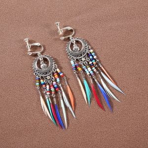 Painless Spiral Bohemian Long Tassel Earrings Womens Ethnic Style Fashion Jewelry Clip-On Earrings No Piercing Required