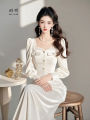 Elegant White Velvet Dress Women's Spring Autumn New Style Commute Korean Version Pure Color Waist Cinched Long Sleeve Midi Skirt. 