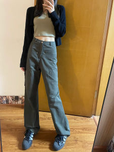 Retro American Grey Green Work Pants: Women's Summer 2023 Slim Fit Casual Wide Leg Trousers