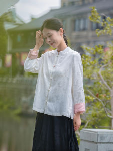 Tingzhi Spring New Chinese Style Embroidered Shirt Silk Long Sleeve Stand Collar Button up High End Top Coat for Women