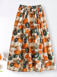 กระโปรงทรงเอเอวสูงผ้าฝ้ายลายดอกไม้สำหรับผู้หญิง กระโปรงทรงเอยาวปานกลางสไตล์เกาหลีสำหรับฤดูร้อน 2022