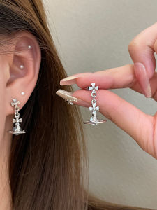 Fashionable 925 Silver Needle Cross Saturn Tear Drop Earrings Womens Exclusive Design Three Dimensional Luxury Ear Jewelry