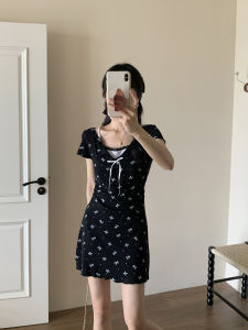 Korean Style Print Halter Neck Short Dress Womens Fashion Summer Slim Fit Butterfly Knot A-Line Mini Dress Fake Two-Piece