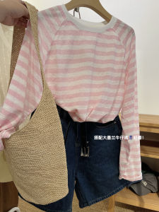 เสื้อยืดแขนยาวลายลําลองสําหรับผู้หญิงหลวมพอดีฤดูร้อนป้องกันแสงแดดเครื่องปรับอากาศพัดลมปกเสื้อเสื้อผ้าทํางาน