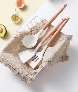 Wooden Handle Slotted White Color Non-Stick Food Grade Silicone Kitchen Utensils
