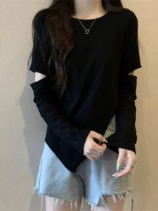 Áo Thun Dài Tay Không Đều Khoét Rỗng Cỡ Lớn Cho Nữ Áo Thun Cotton Mùa Thu Cổ Tròn Dáng Rộng Tay Thường Chất Liệu Cotton 95%