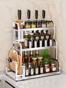 304 Stainless Steel Kitchen Spice Storage Rack Countertop Multi-Function Knife Holder Seasoning Oil Salt Sauce Organizer Shelf