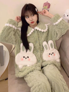 ชุดนอนผู้หญิงผ้าขนแกะคอรัลหนา 2023 ฤดูใบไม้ร่วง ฤดูหนาว ชุดนอนผ้าฝ้าย ลายการ์ตูนน่ารัก ชุดนอนผ้าฝ้าย ชุดนอนผ้าขนแกะ